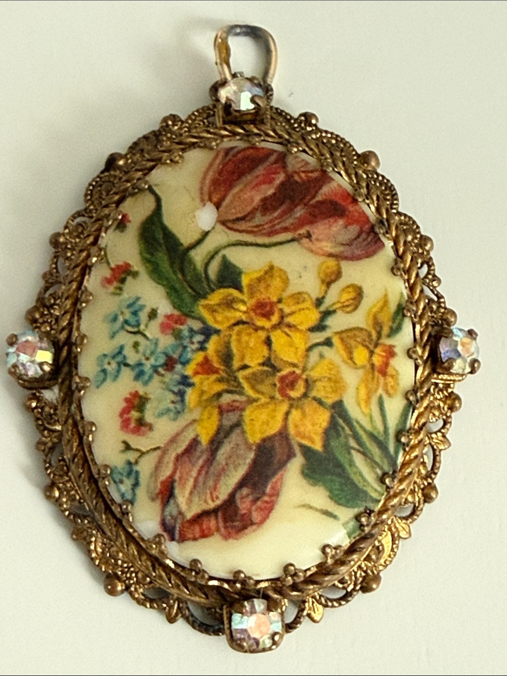 Vintage Floral Oval Pendant - Yellow & Pink Flower Cameo Aurora rehab art craft